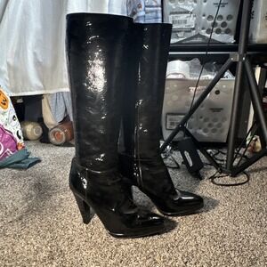 Prada Women Vero Cuoio Black Metallic Leather Knee High Heel Boots As 39.5